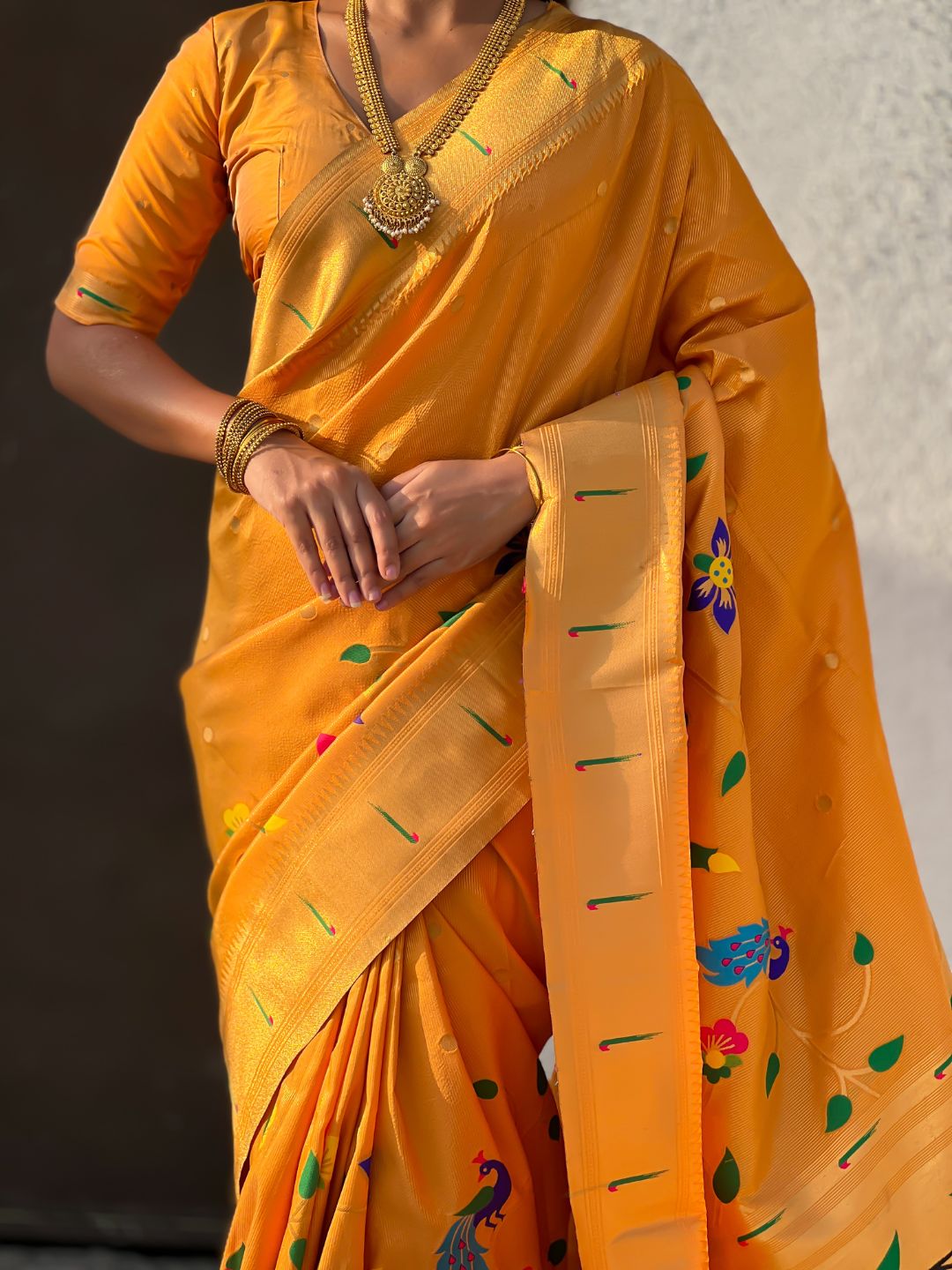 Mustard Bamboo Tissue Silk Paithani Saree with Meenakari Motifs, Half Half Design and Muniya Border