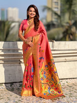Pink Bamboo Tissue Silk Paithani Saree with Meenakari Motifs, Half Half Design and Muniya Border