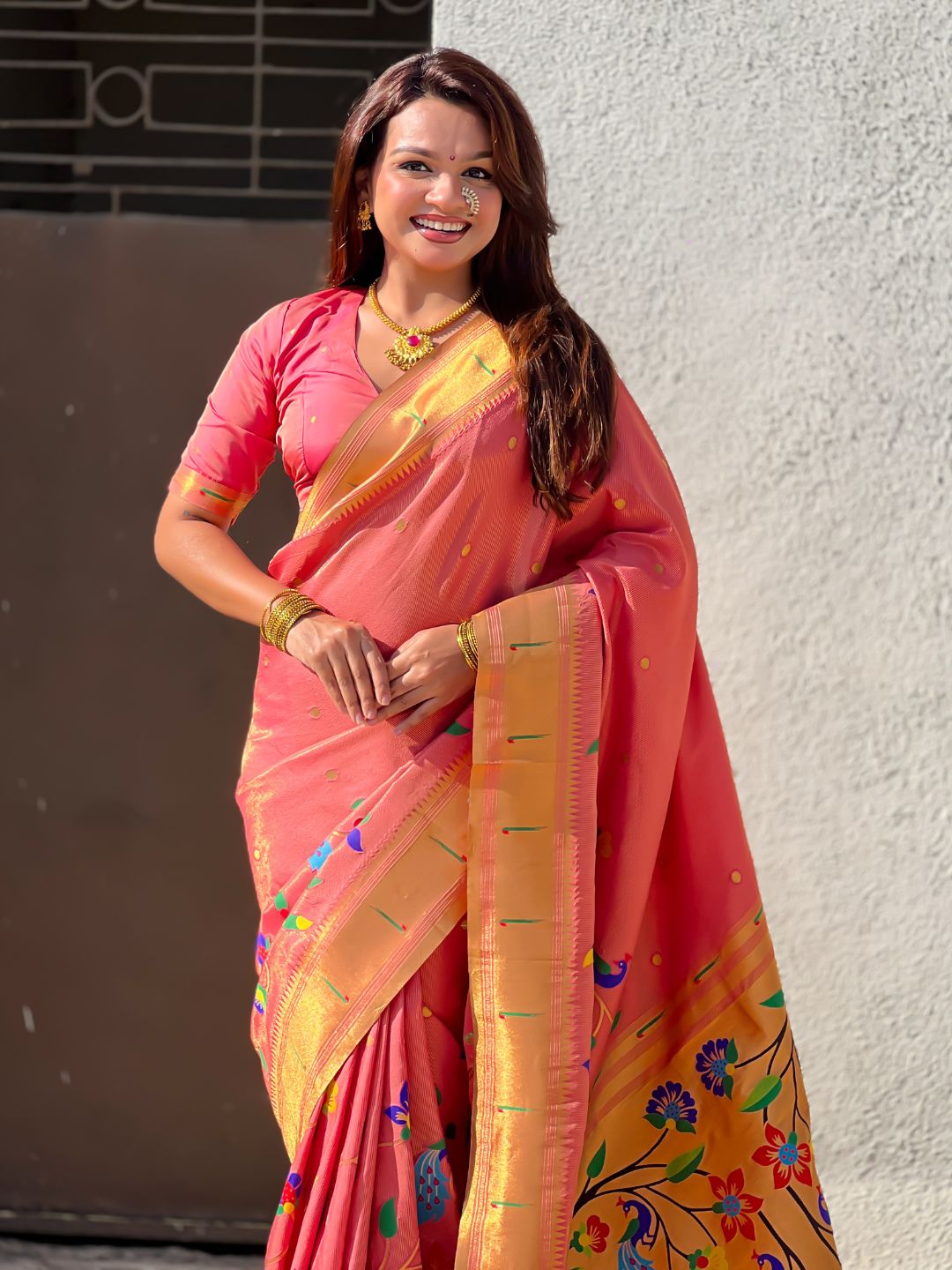 Pink Bamboo Tissue Silk Paithani Saree with Meenakari Motifs, Half Half Design and Muniya Border