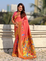 Pink Bamboo Tissue Silk Paithani Saree with Meenakari Motifs, Half Half Design and Muniya Border
