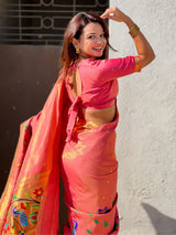 Pink Bamboo Tissue Silk Paithani Saree with Meenakari Motifs, Half Half Design and Muniya Border