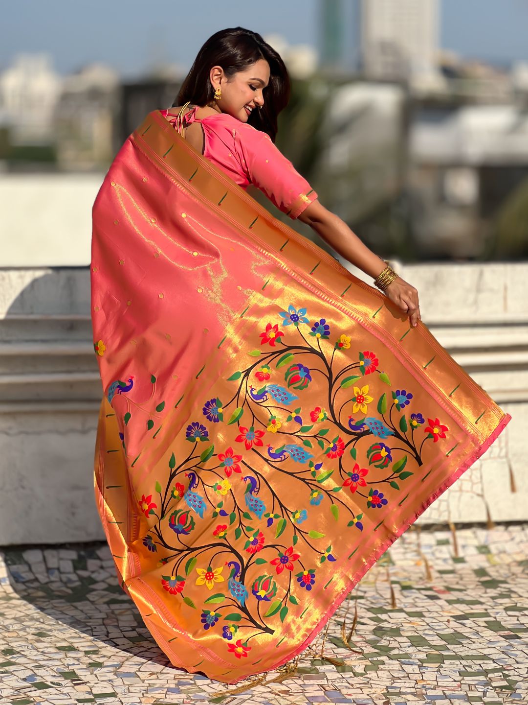 Pink Bamboo Tissue Silk Paithani Saree with Meenakari Motifs, Half Half Design and Muniya Border