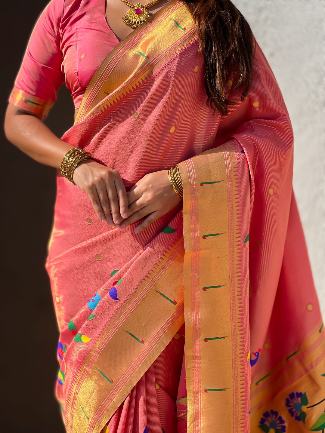 Pink Bamboo Tissue Silk Paithani Saree with Meenakari Motifs, Half Half Design and Muniya Border