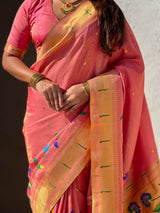 Pink Bamboo Tissue Silk Paithani Saree with Meenakari Motifs, Half Half Design and Muniya Border
