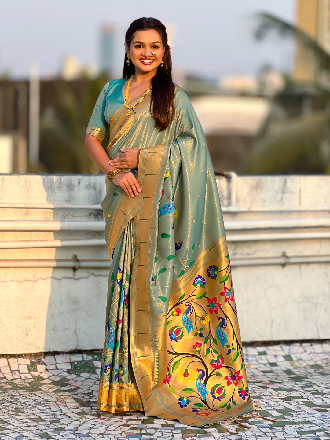 Rama Bamboo Tissue Silk Paithani Saree with Meenakari Motifs, Half Half Design and Muniya Border