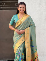 Rama Bamboo Tissue Silk Paithani Saree with Meenakari Motifs, Half Half Design and Muniya Border
