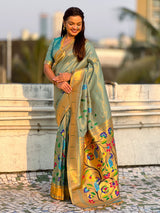 Rama Bamboo Tissue Silk Paithani Saree with Meenakari Motifs, Half Half Design and Muniya Border