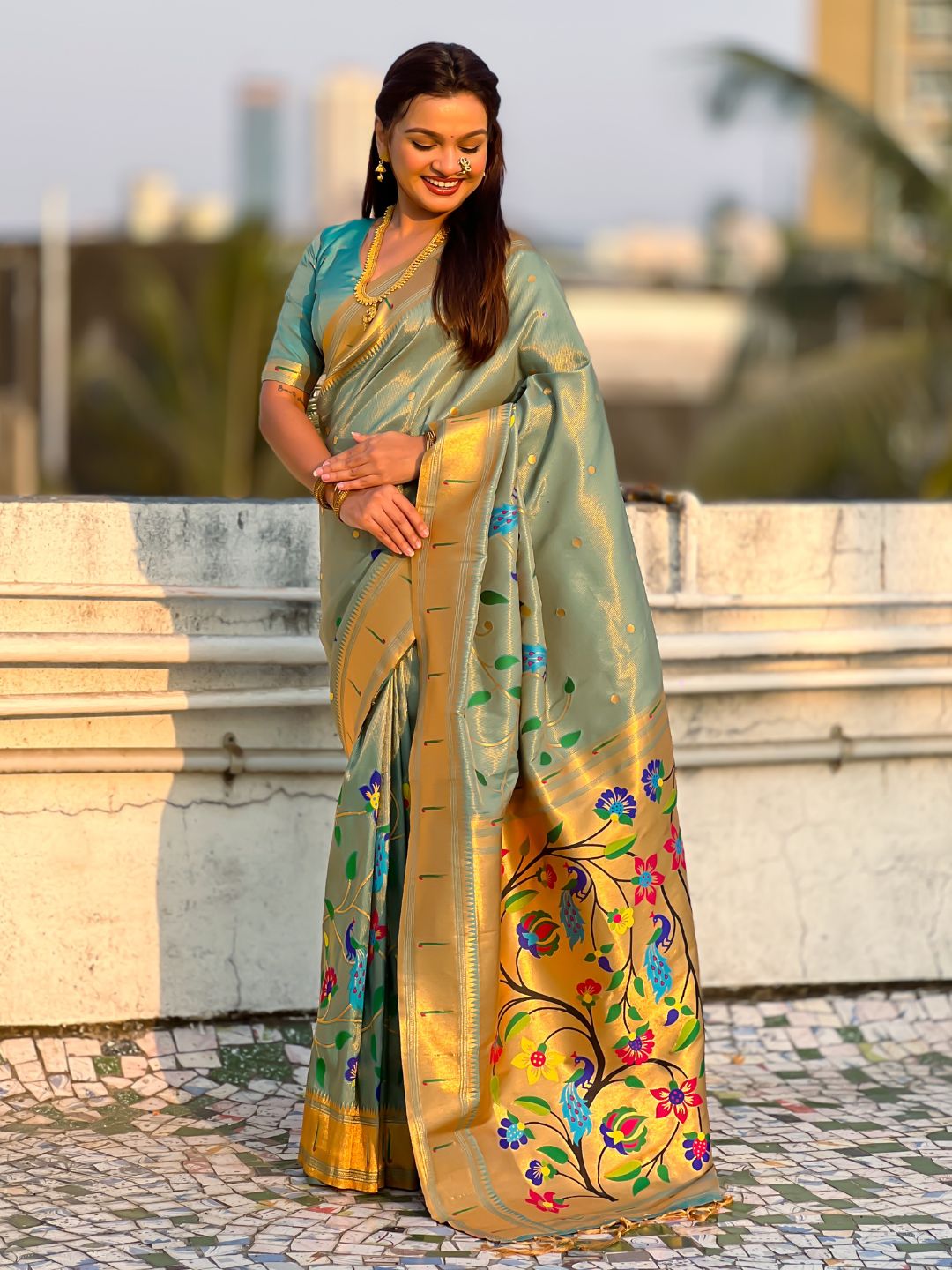 Rama Bamboo Tissue Silk Paithani Saree with Meenakari Motifs, Half Half Design and Muniya Border