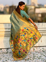 Rama Bamboo Tissue Silk Paithani Saree with Meenakari Motifs, Half Half Design and Muniya Border