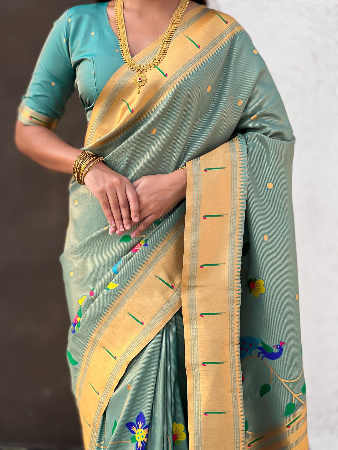 Rama Bamboo Tissue Silk Paithani Saree with Meenakari Motifs, Half Half Design and Muniya Border