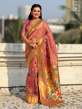Wine Bamboo Tissue Silk Paithani Saree with Meenakari Motifs, Half Half Design and Muniya Border