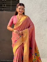 Wine Bamboo Tissue Silk Paithani Saree with Meenakari Motifs, Half Half Design and Muniya Border