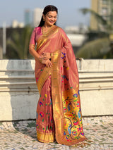 Wine Bamboo Tissue Silk Paithani Saree with Meenakari Motifs, Half Half Design and Muniya Border