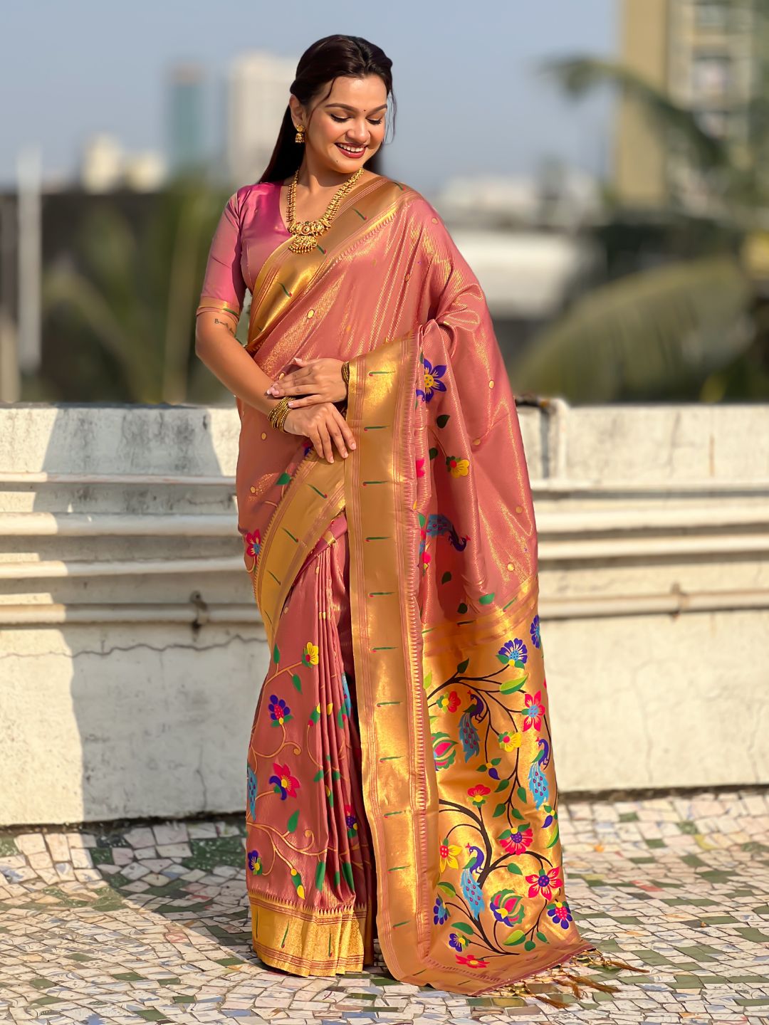 Wine Bamboo Tissue Silk Paithani Saree with Meenakari Motifs, Half Half Design and Muniya Border