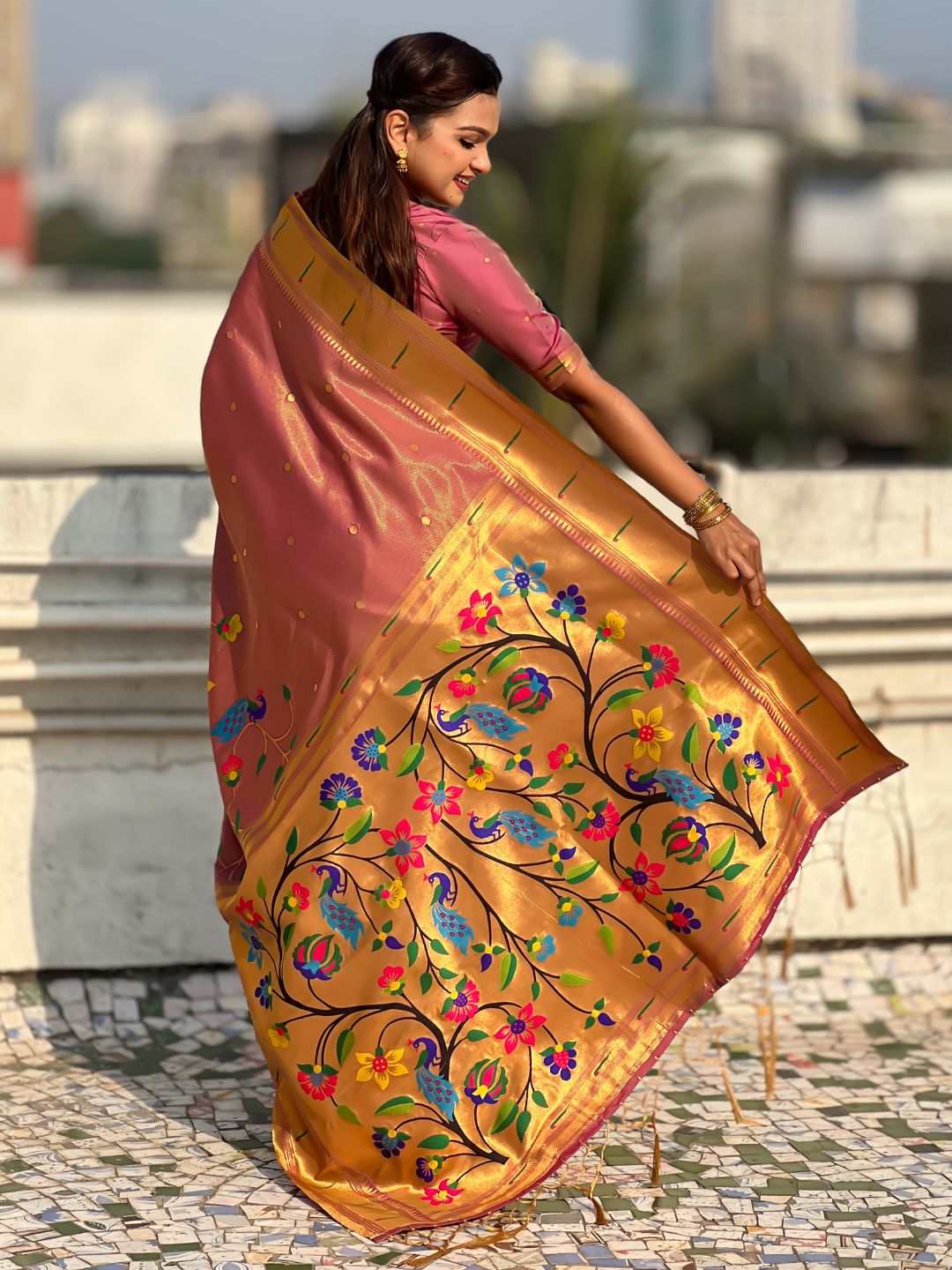 Wine Bamboo Tissue Silk Paithani Saree with Meenakari Motifs, Half Half Design and Muniya Border