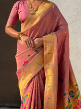 Wine Bamboo Tissue Silk Paithani Saree with Meenakari Motifs, Half Half Design and Muniya Border