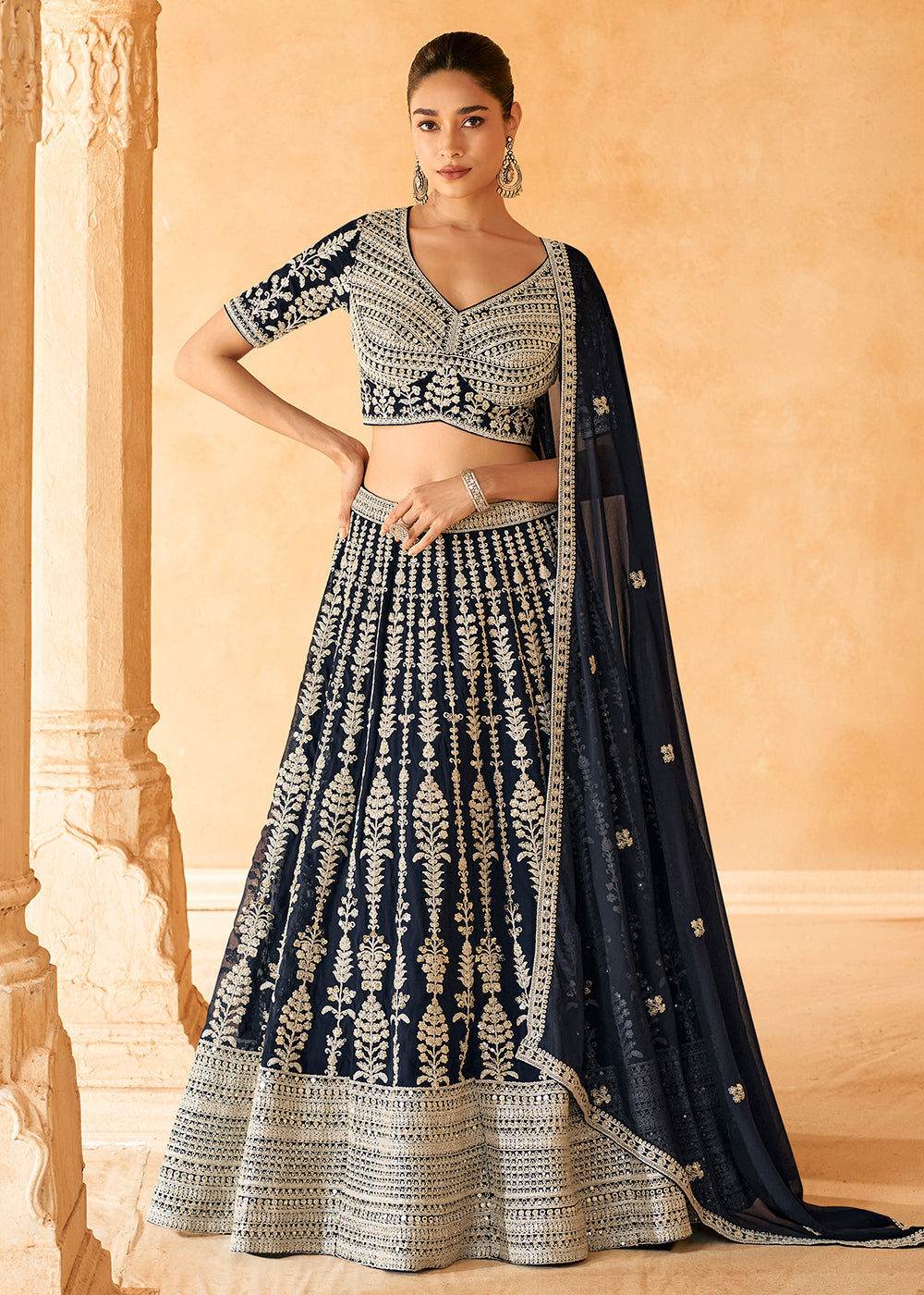 Bridesmaids Designer Navy Blue Embroidered Lehenga Choli