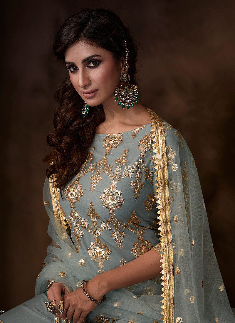 Teal Blue Traditional Embroidered Gharara Suit