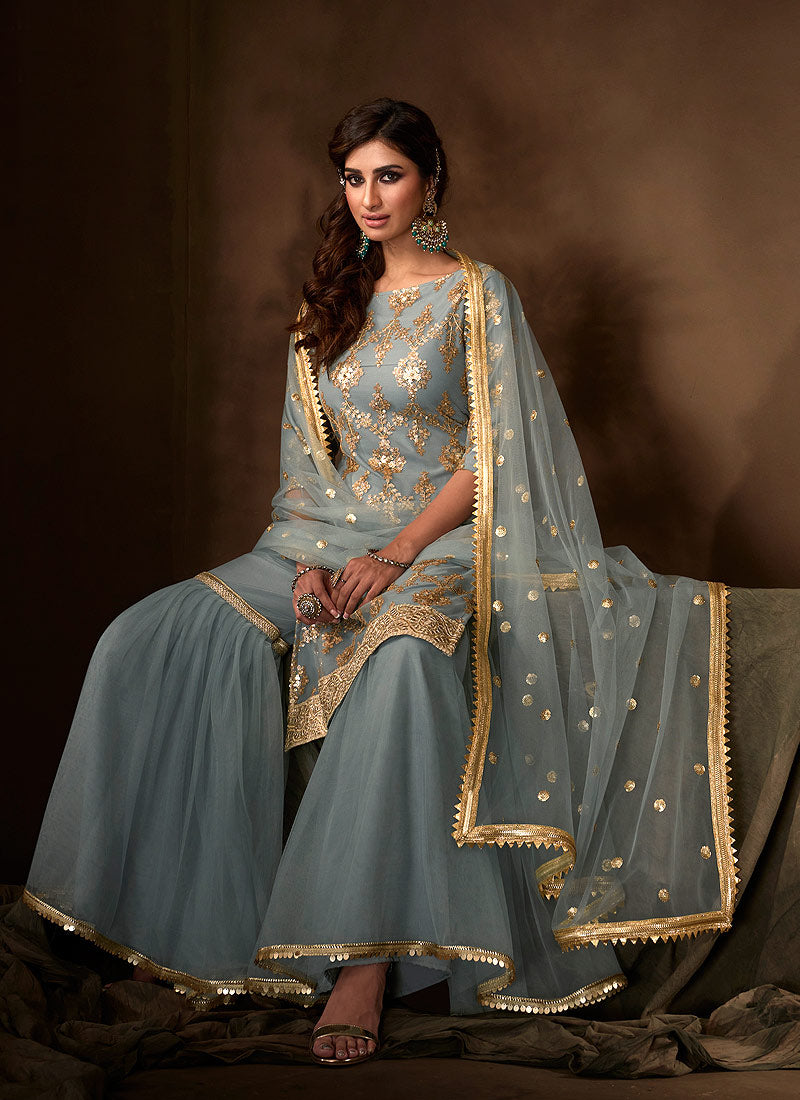 Teal Blue Traditional Embroidered Gharara Suit