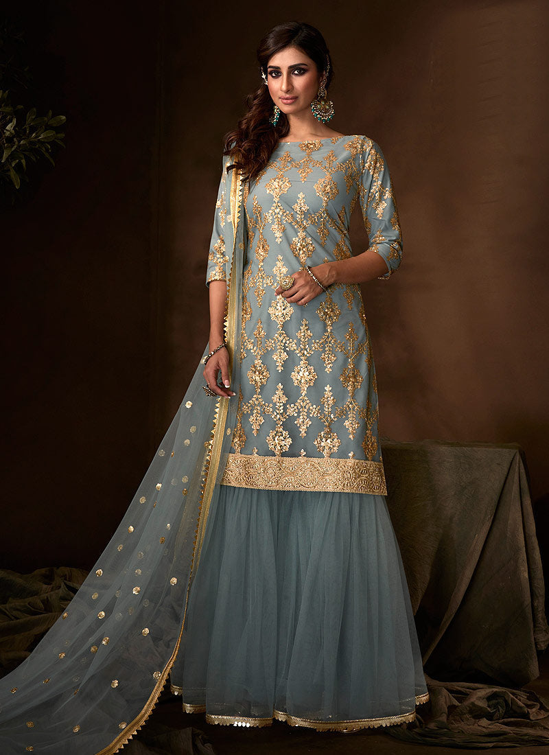 Teal Blue Traditional Embroidered Gharara Suit