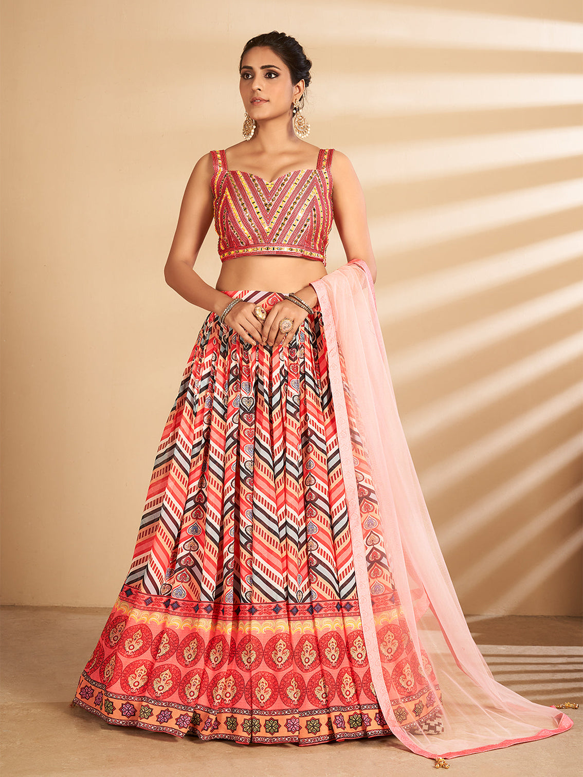 Multicolor Printed, Handwork Art Silk Semi Stitched Lehenga With Unstitched Blouse