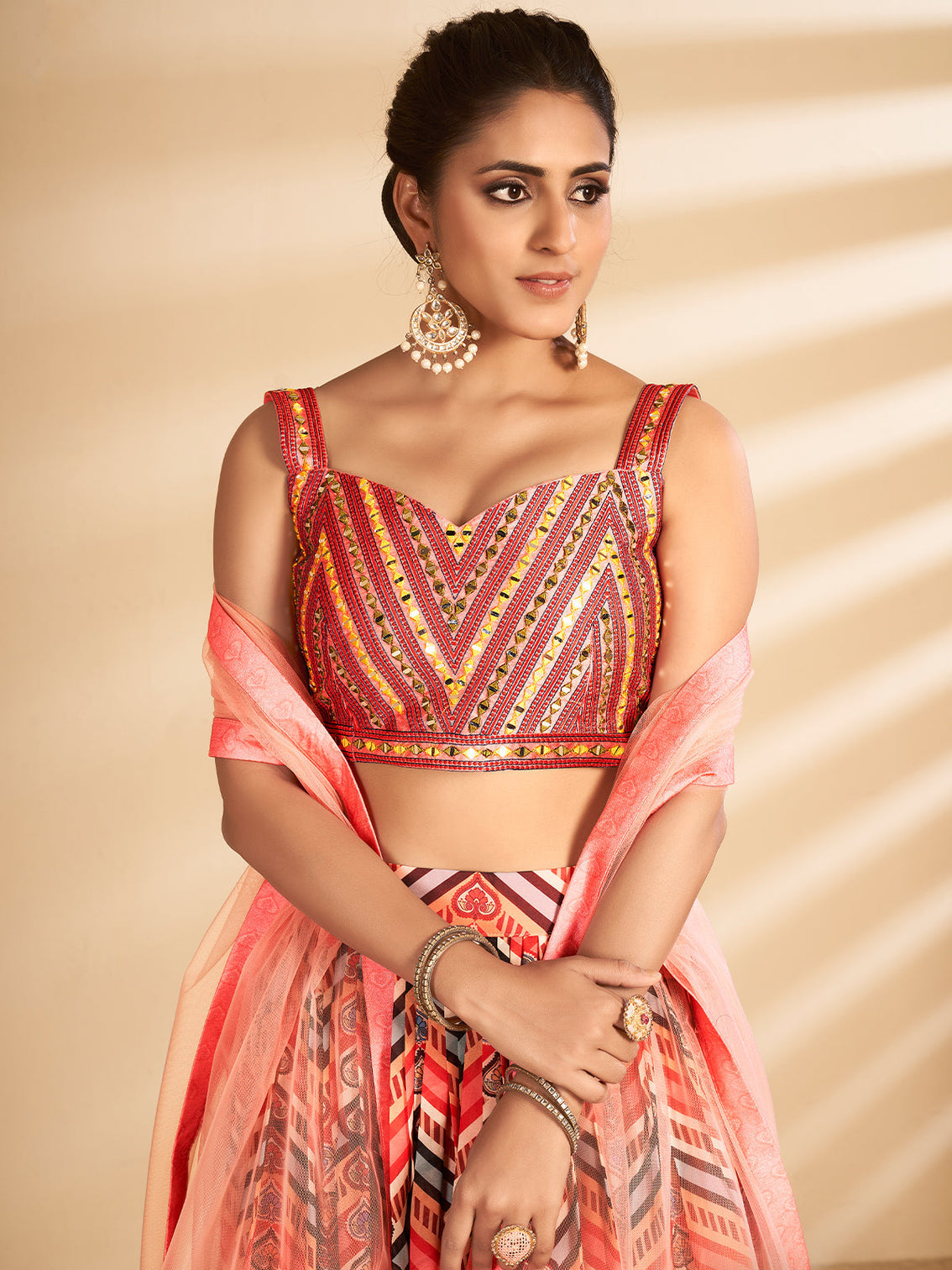 Multicolor Printed, Handwork Art Silk Semi Stitched Lehenga With Unstitched Blouse