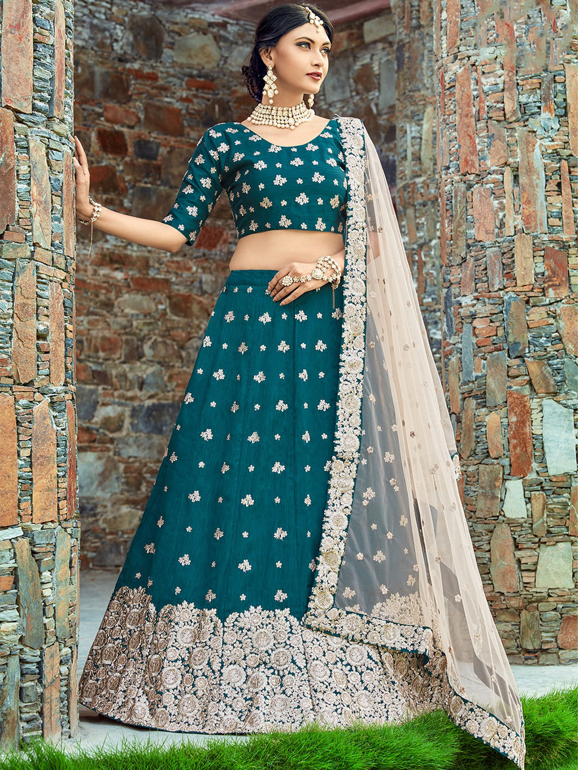 Teal Classy Semi Stitched Lehenga With Unstitched Blouse