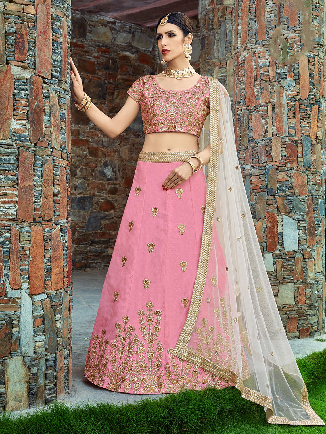 Designer Pink Semi Stitched Lehenga With Unstitched Blouse