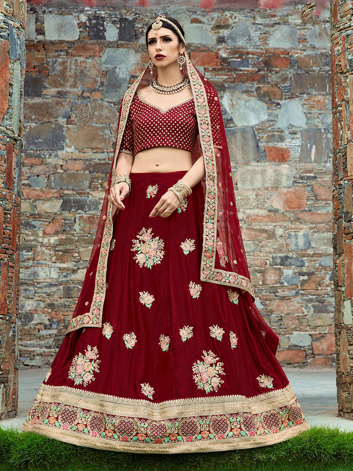 Red Elegant Semi Stitched Lehenga With Unstitched Blouse