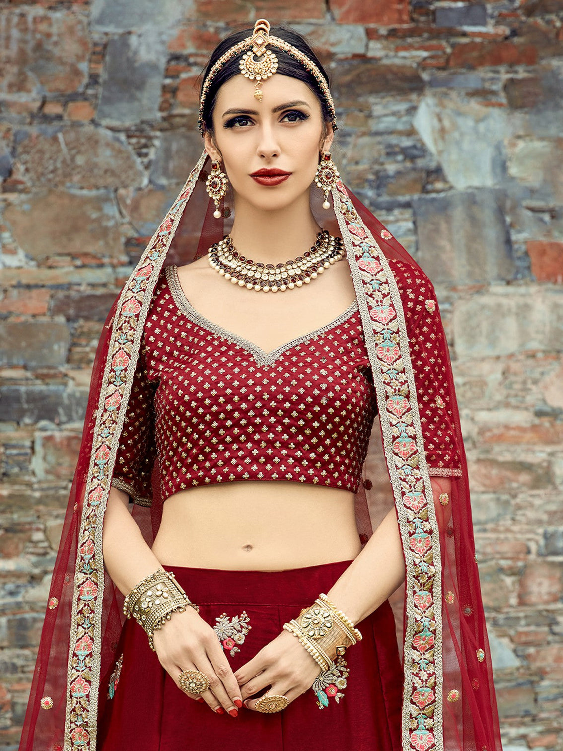 Red Elegant Semi Stitched Lehenga With Unstitched Blouse