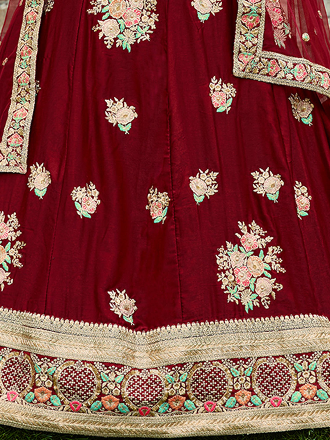 Red Elegant Semi Stitched Lehenga With Unstitched Blouse