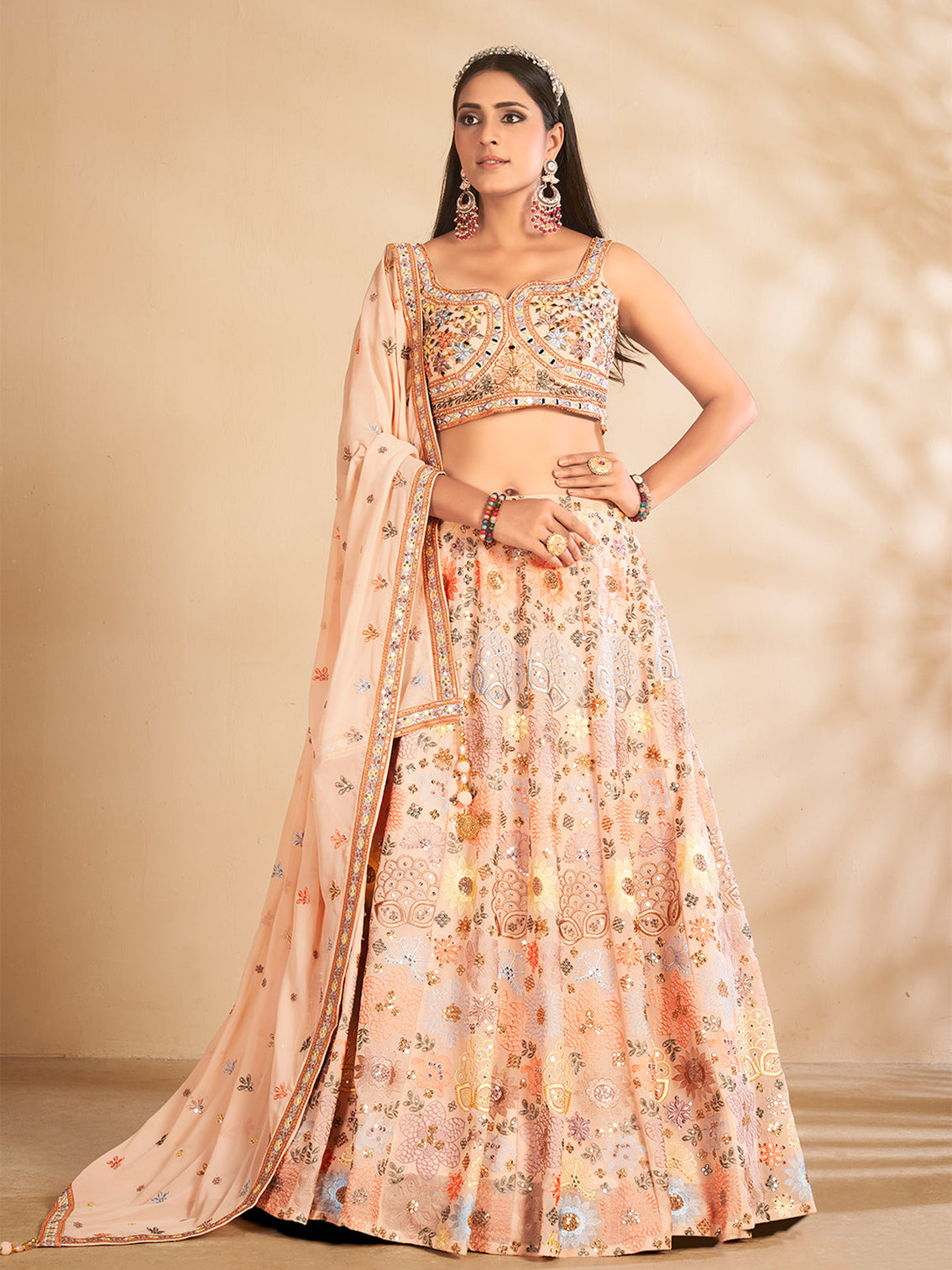 Peach Printed, Handwork Georgette Semi Stitched Lehenga With Unstitched Blouse