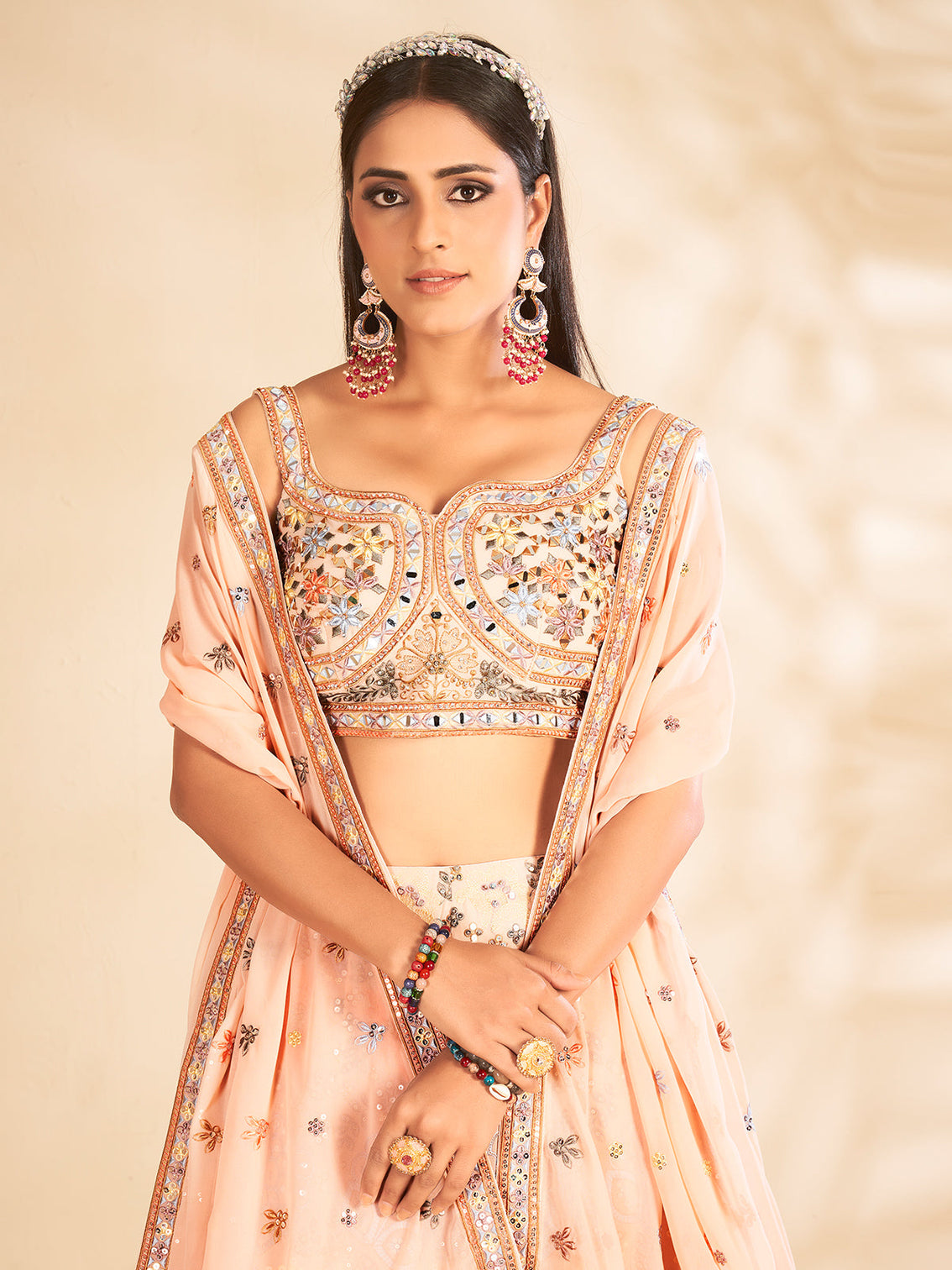Peach Printed, Handwork Georgette Semi Stitched Lehenga With Unstitched Blouse