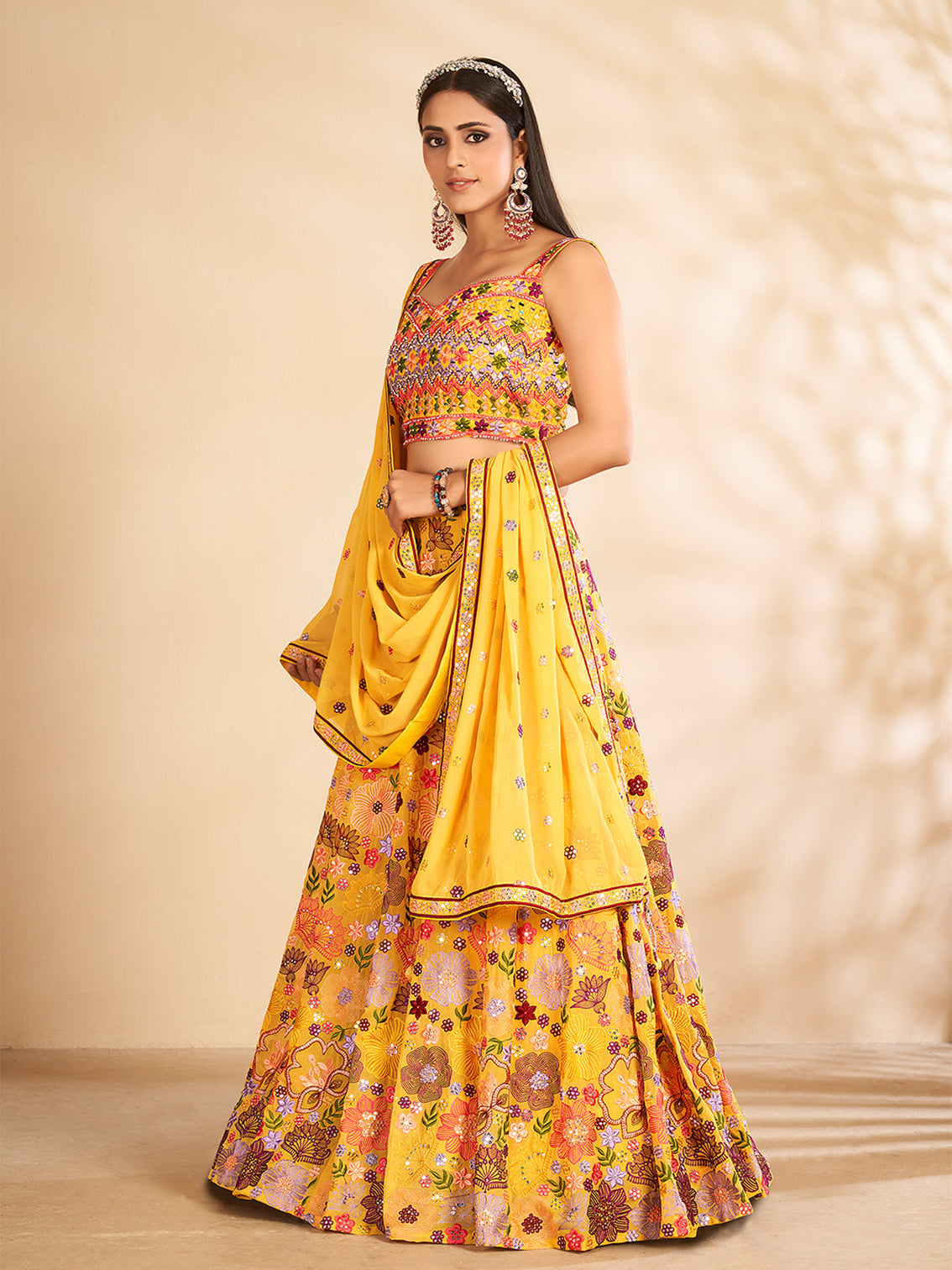 Mustard Printed, Handwork Georgette Semi Stitched Lehenga With Unstitched Blouse