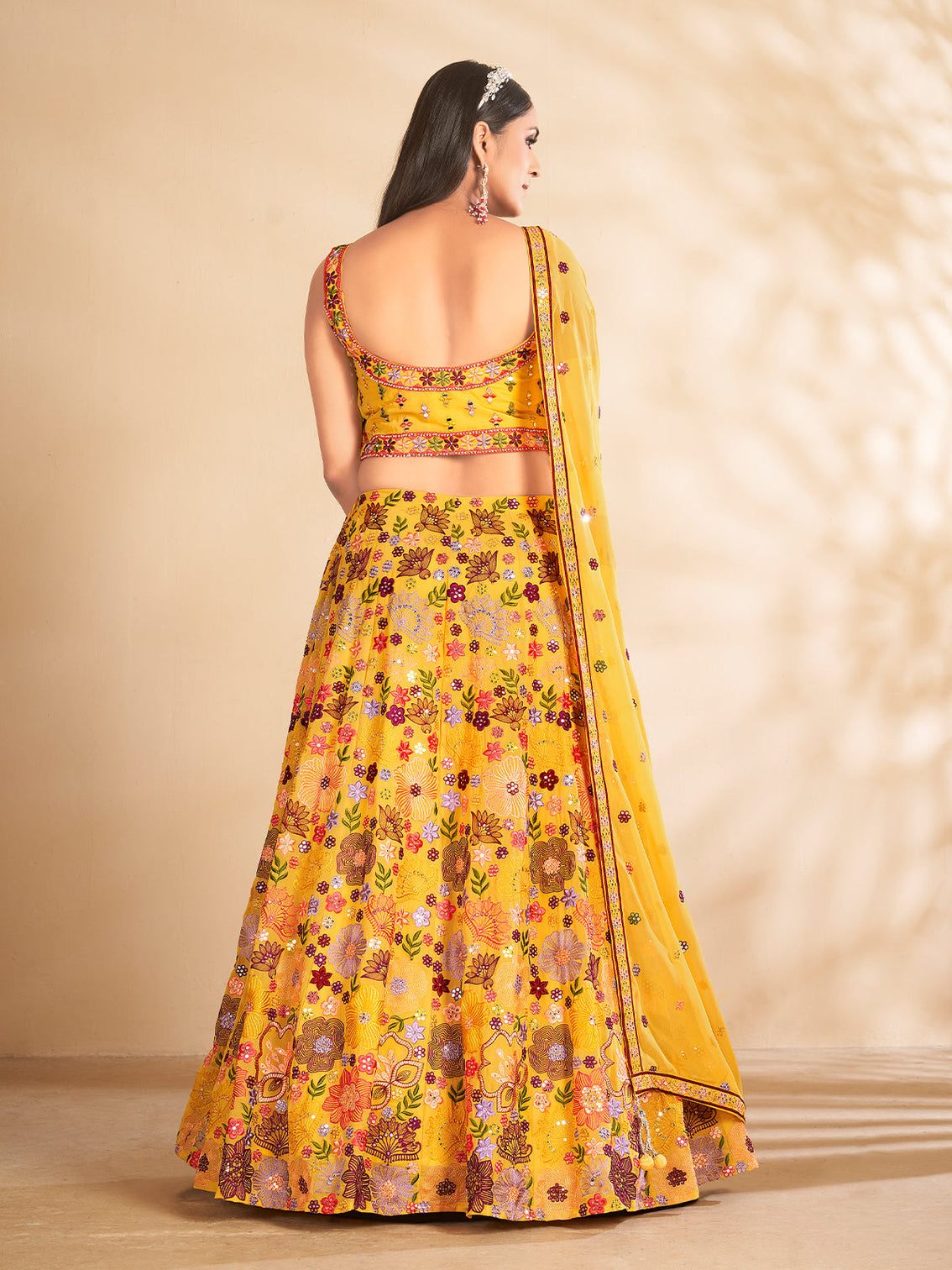 Mustard Printed, Handwork Georgette Semi Stitched Lehenga With Unstitched Blouse