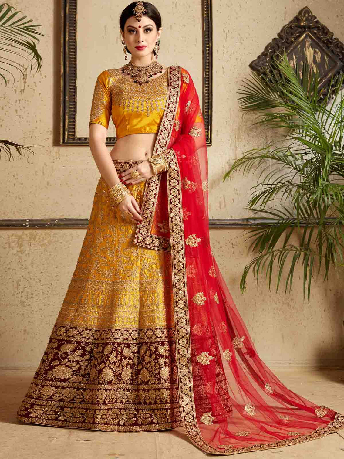 Mustard Designer Satin Semi Stitched Lehenga With Unstitched Blouse