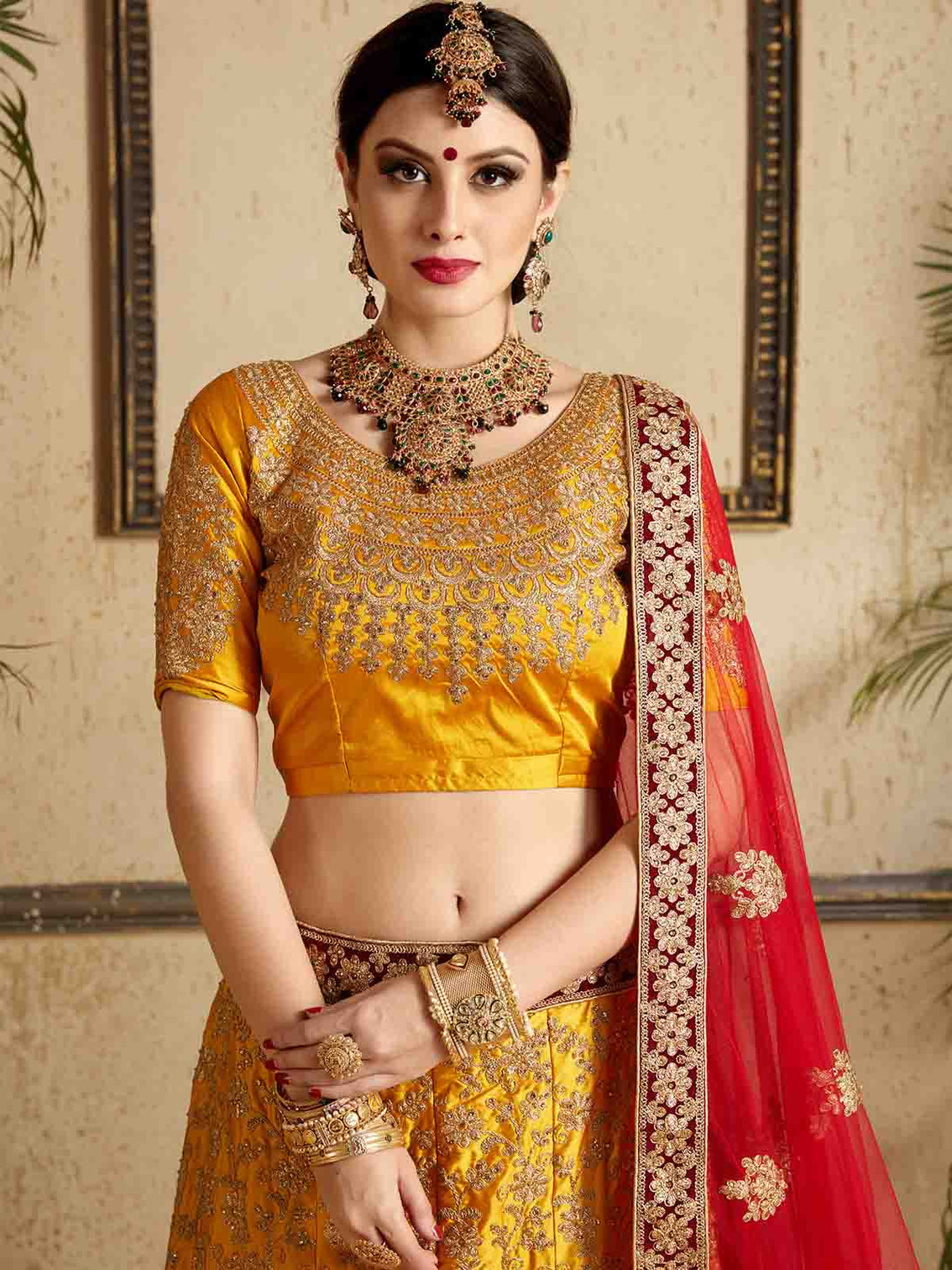 Mustard Designer Satin Semi Stitched Lehenga With Unstitched Blouse