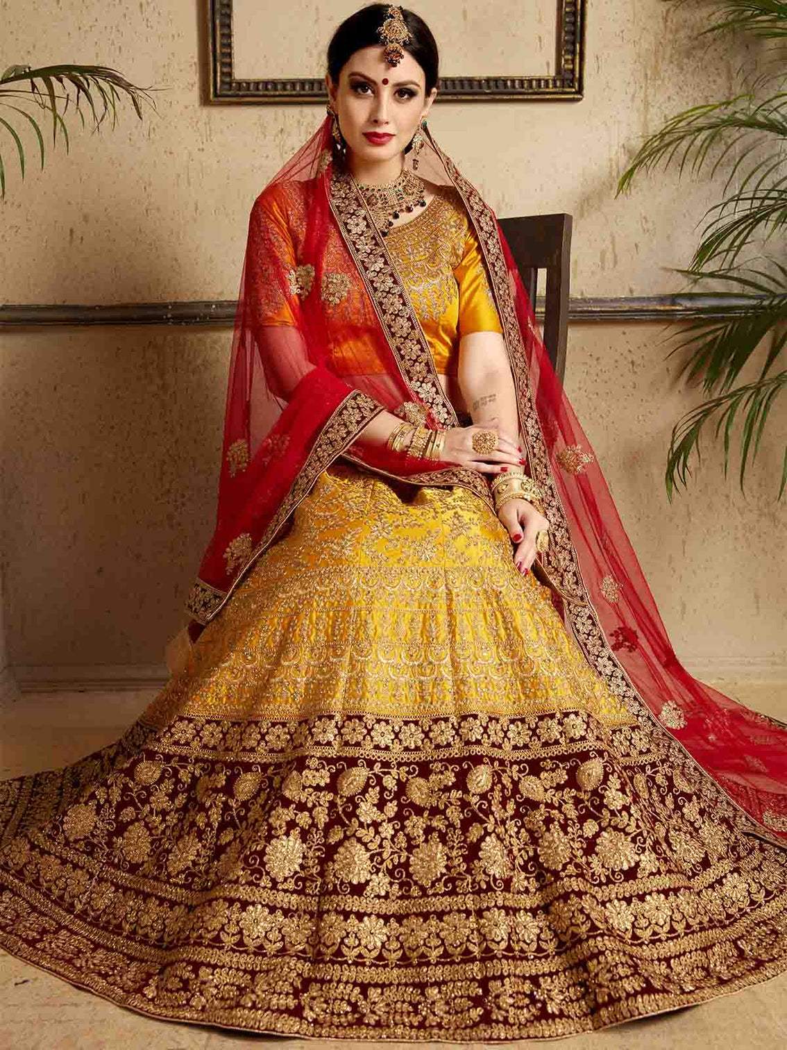 Mustard Designer Satin Semi Stitched Lehenga With Unstitched Blouse