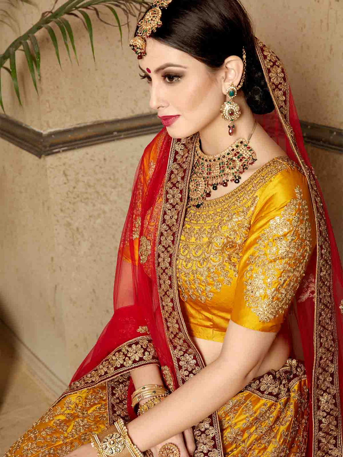 Mustard Designer Satin Semi Stitched Lehenga With Unstitched Blouse