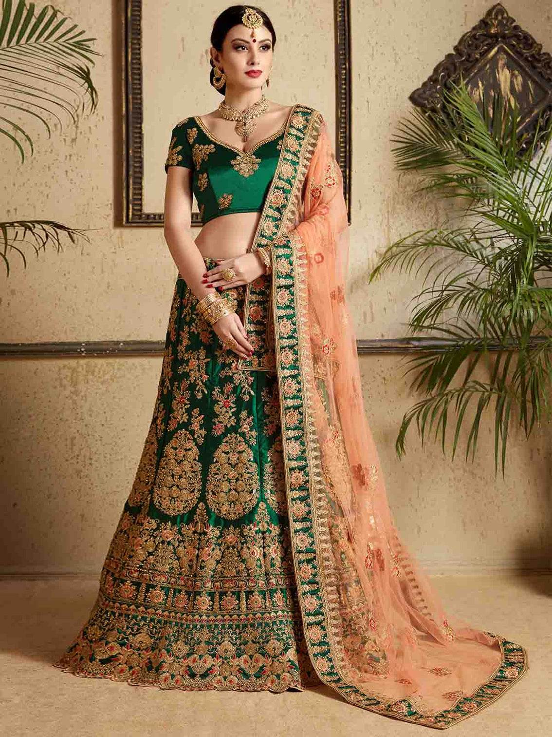 Dark Green Designer Satin Semi Stitched Lehenga With Unstitched Blouse
