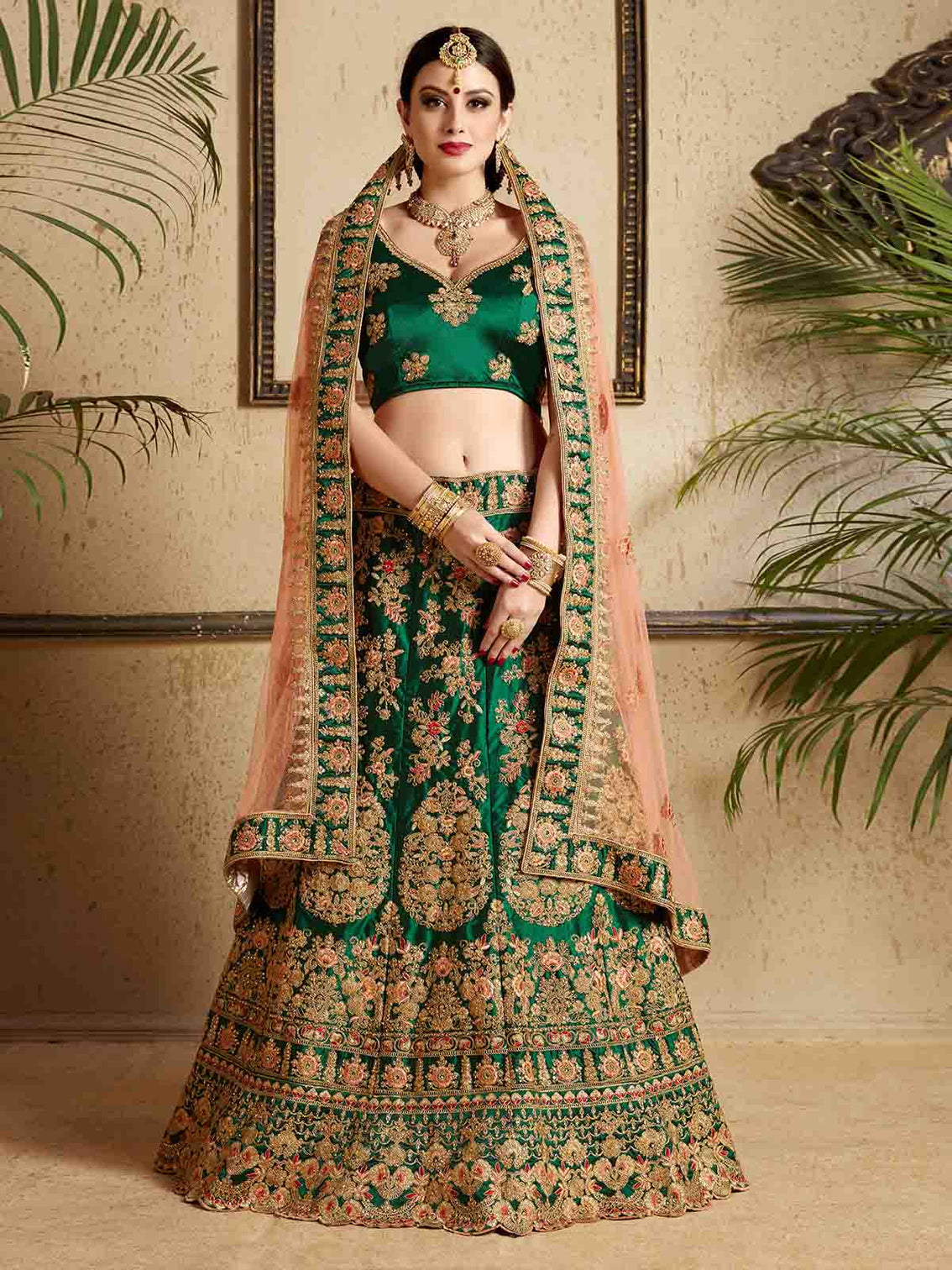 Dark Green Designer Satin Semi Stitched Lehenga With Unstitched Blouse