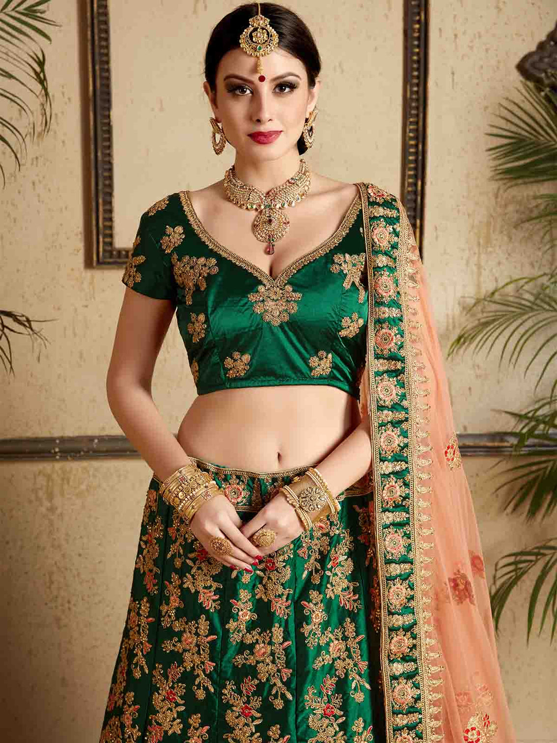 Dark Green Designer Satin Semi Stitched Lehenga With Unstitched Blouse