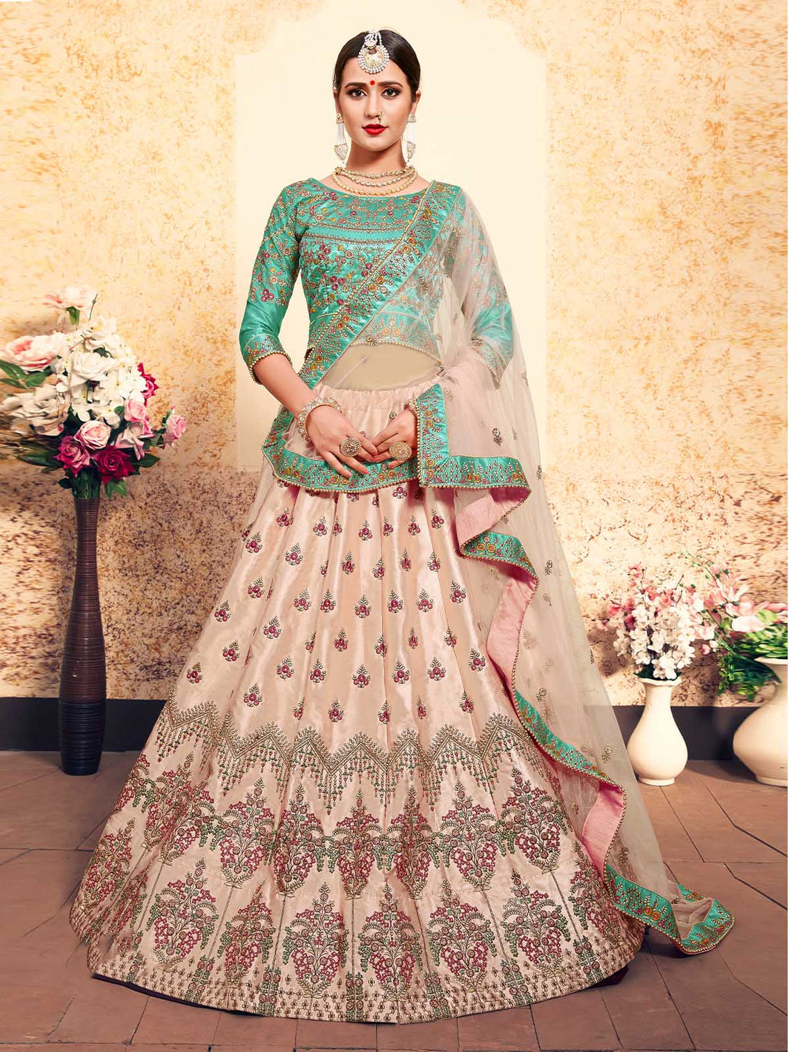 Peach Elegant Semi Stitched Lehenga With Unstitched Blouse