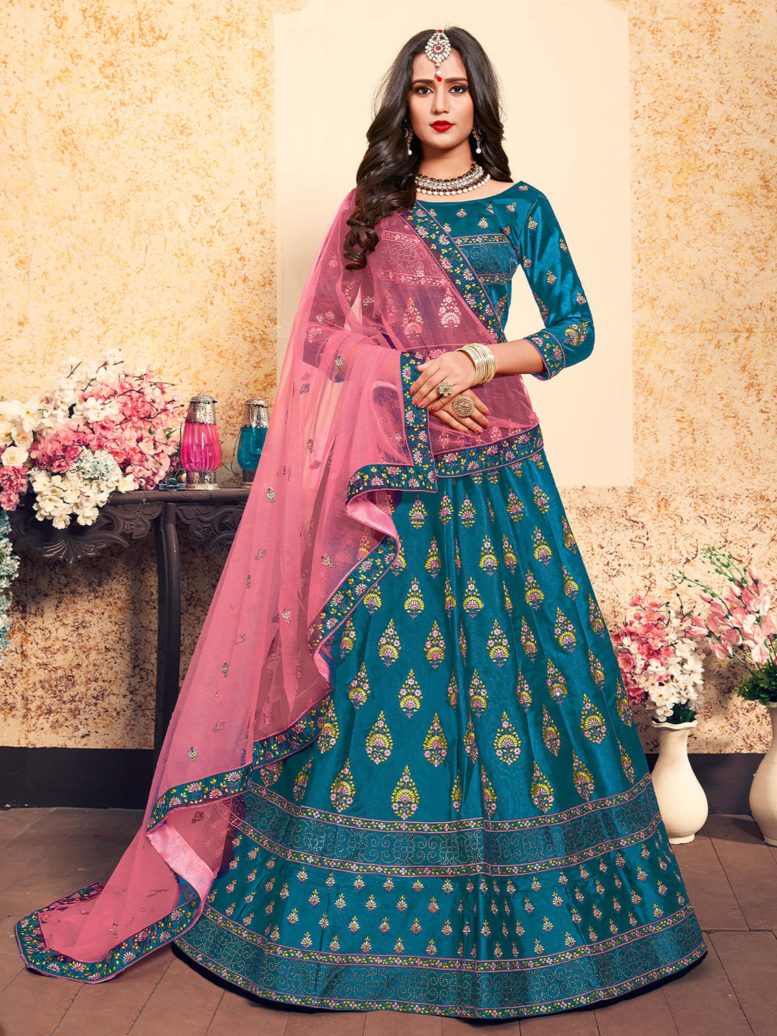 Semi Stitched Teal Embroidered Semi Stitched Lehenga With Unstitched Blouse