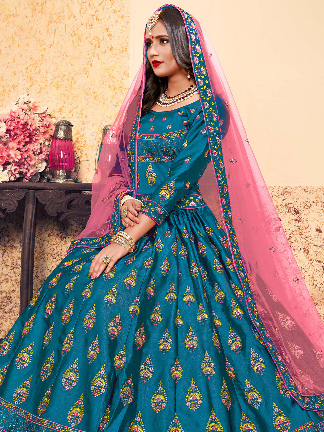 Semi Stitched Teal Embroidered Semi Stitched Lehenga With Unstitched Blouse