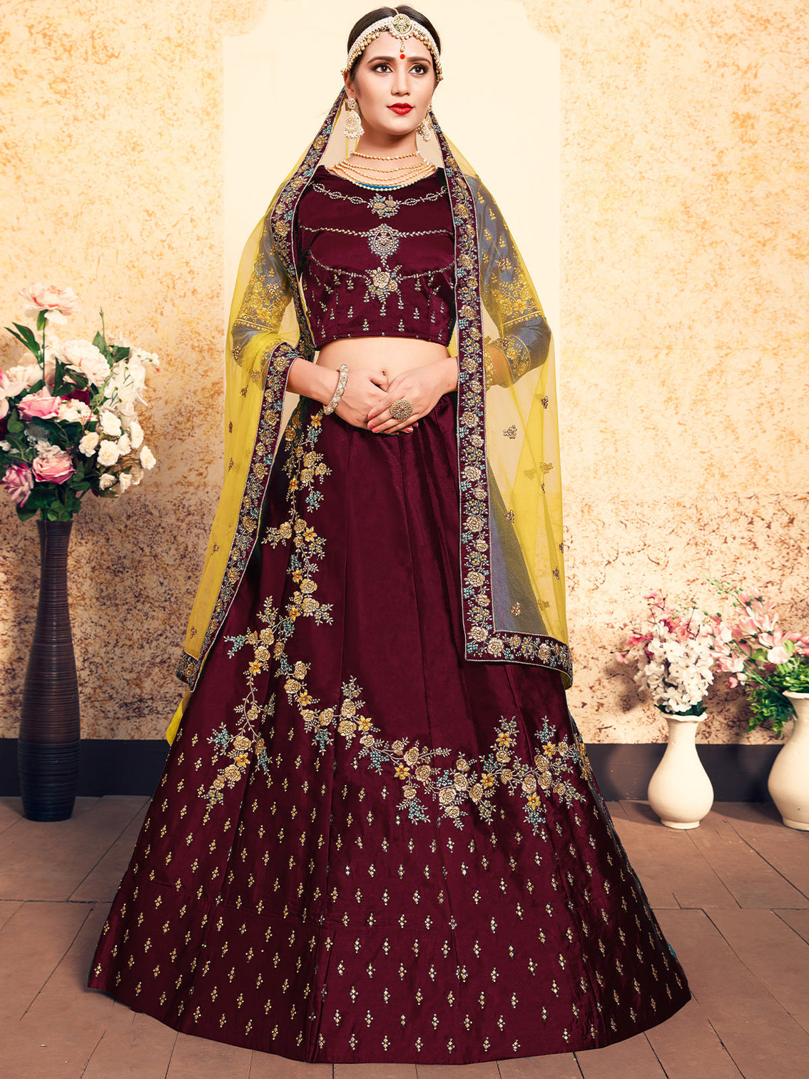 Soft Net Maroon Semi Stitched Lehenga With Unstitched Blouse