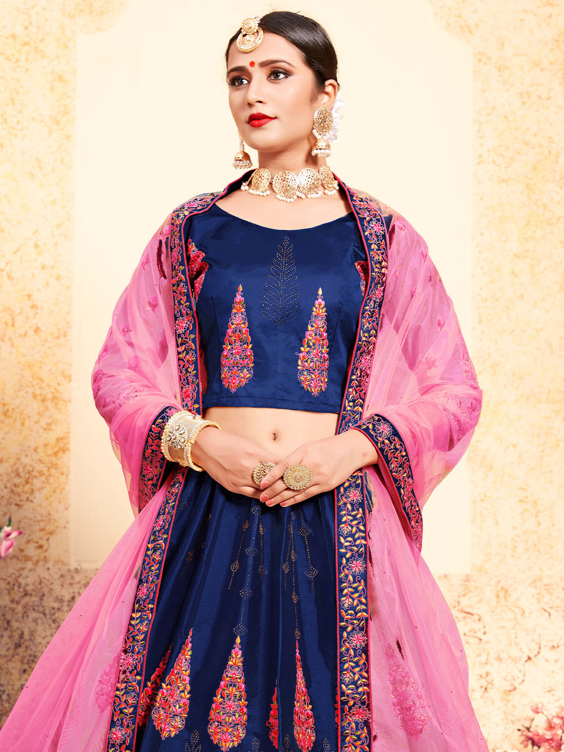 Navy Blue Designer Semi Stitched Lehenga With Unstitched Blouse