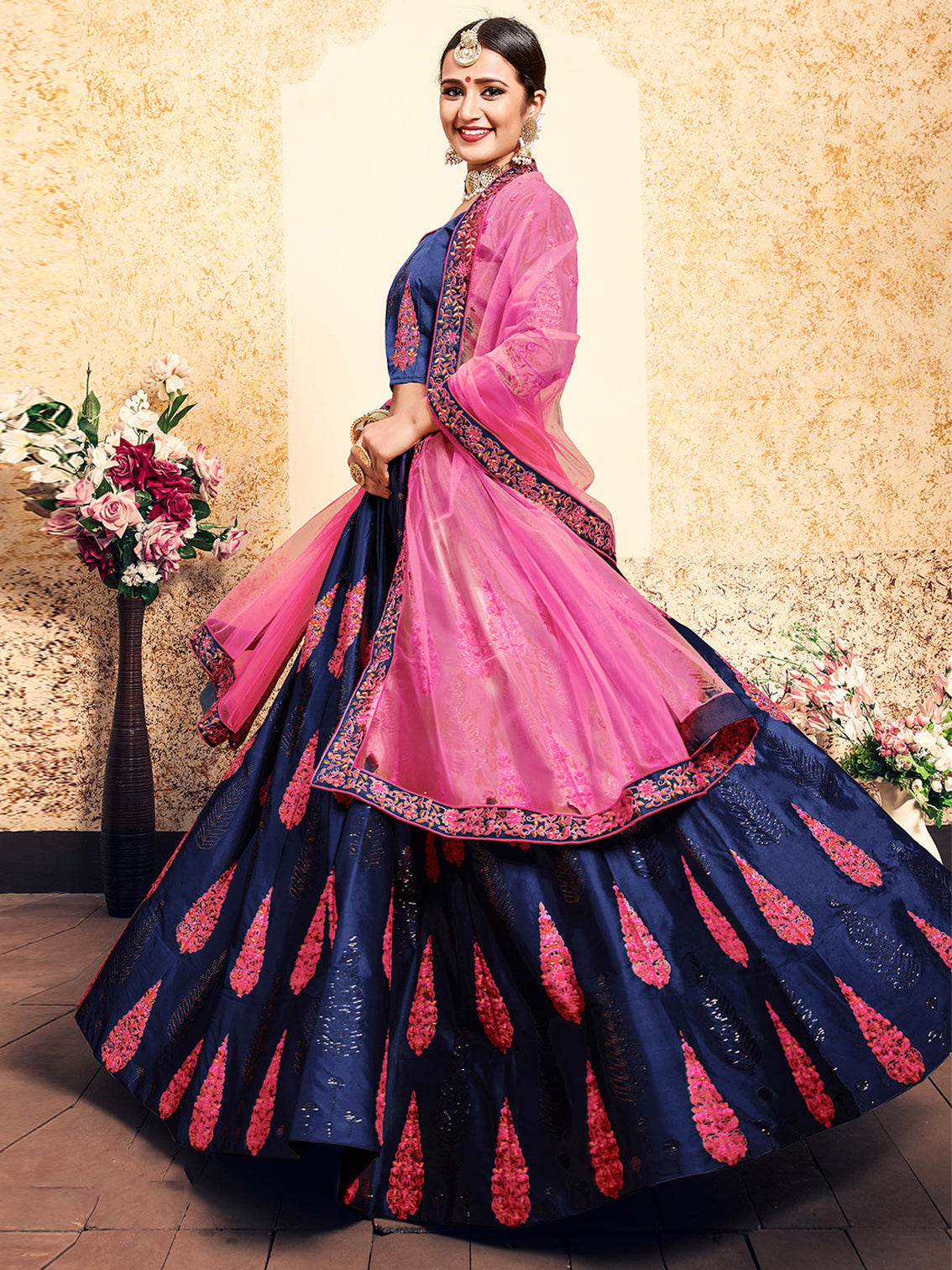 Navy Blue Designer Semi Stitched Lehenga With Unstitched Blouse