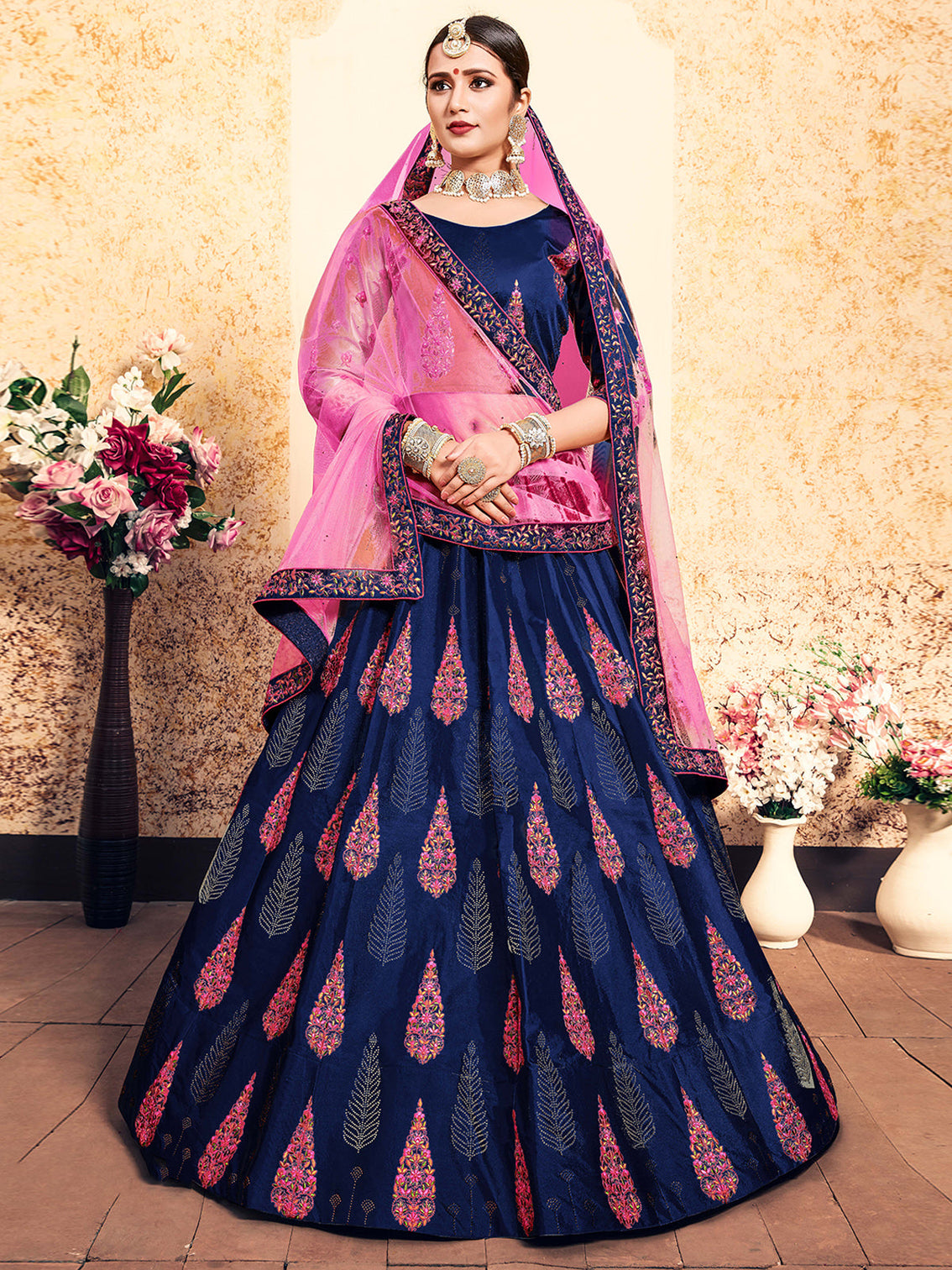 Navy Blue Designer Semi Stitched Lehenga With Unstitched Blouse