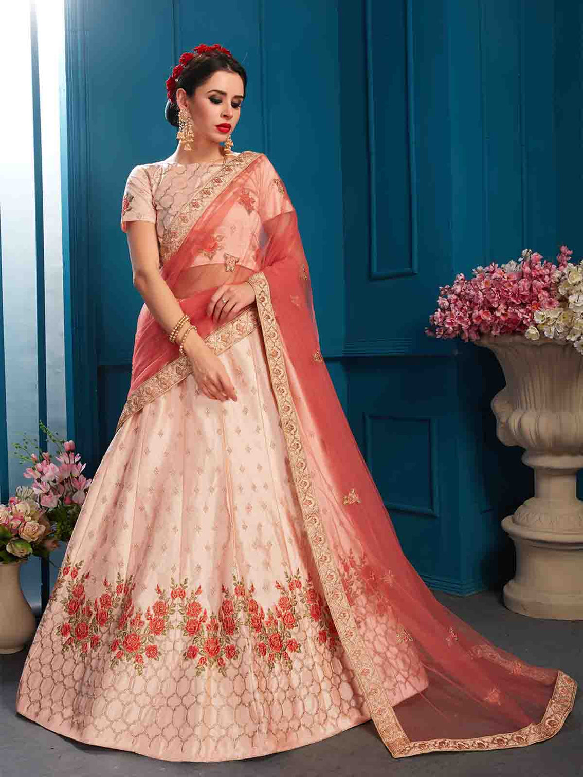 Peach Designer Semi Stitched Lehenga With Unstitched Blouse